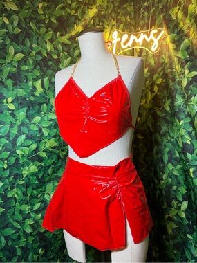 Red Patent Vinyl Two-Piece Set with Chain Straps